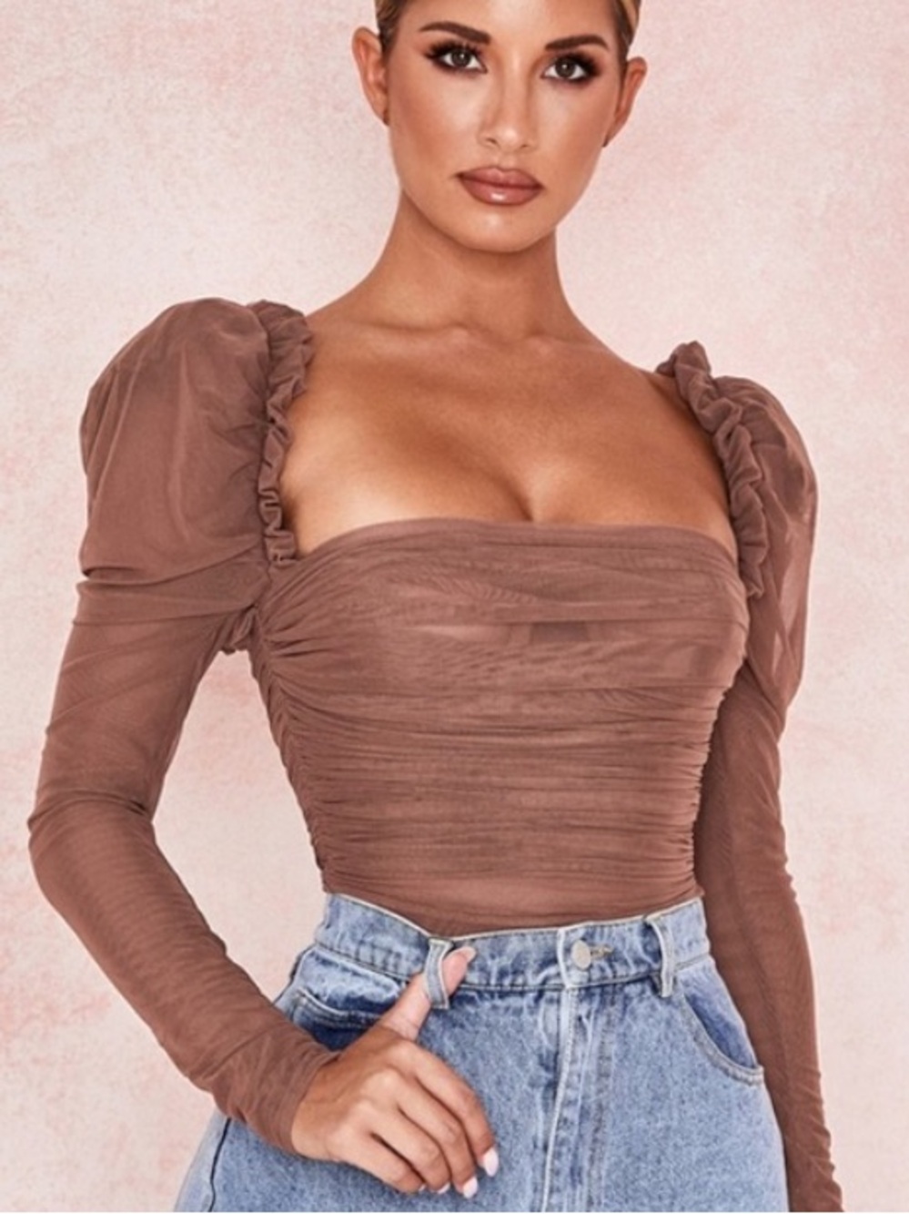 House Of CB Emme Mocha Ruched Chiffon Puff Sleeve Bodysuit Top Size Large